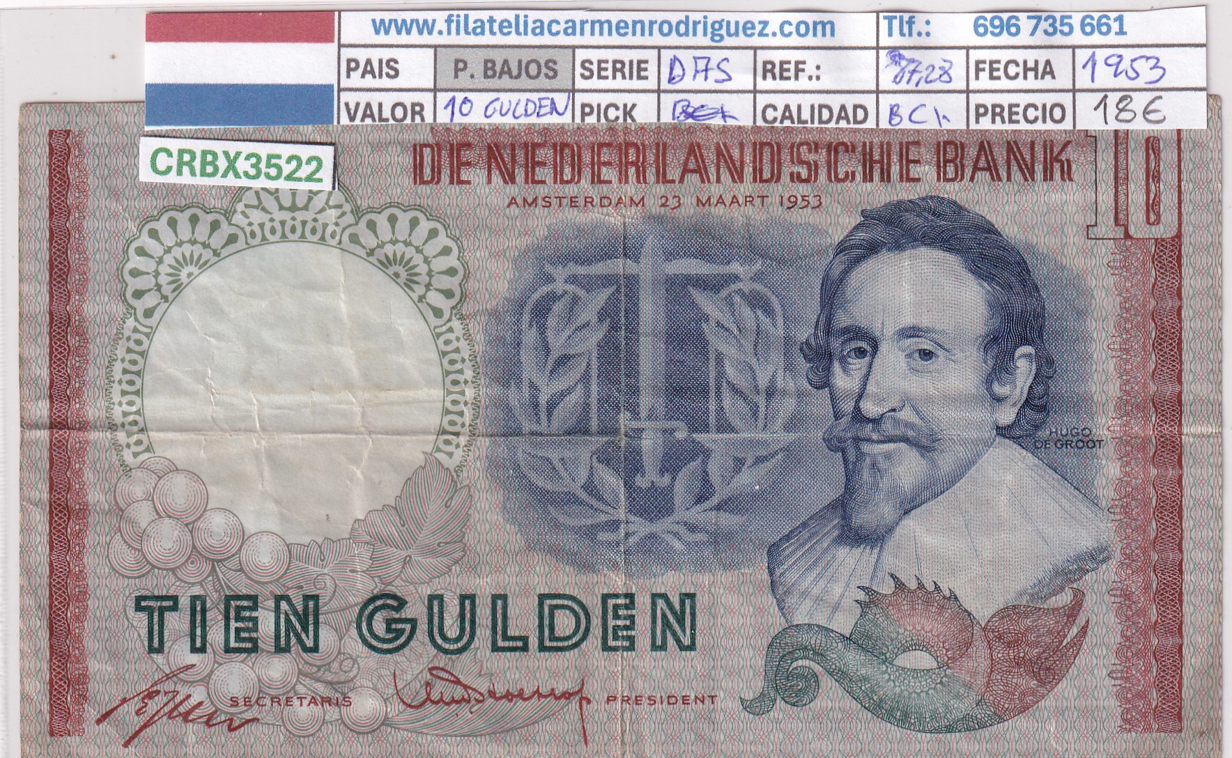 CRBX3522 CRBX3522 BILLETE PAISES BAJOS 10 GULDEN 1953 SERIE DAS BC+ - Imagen 1