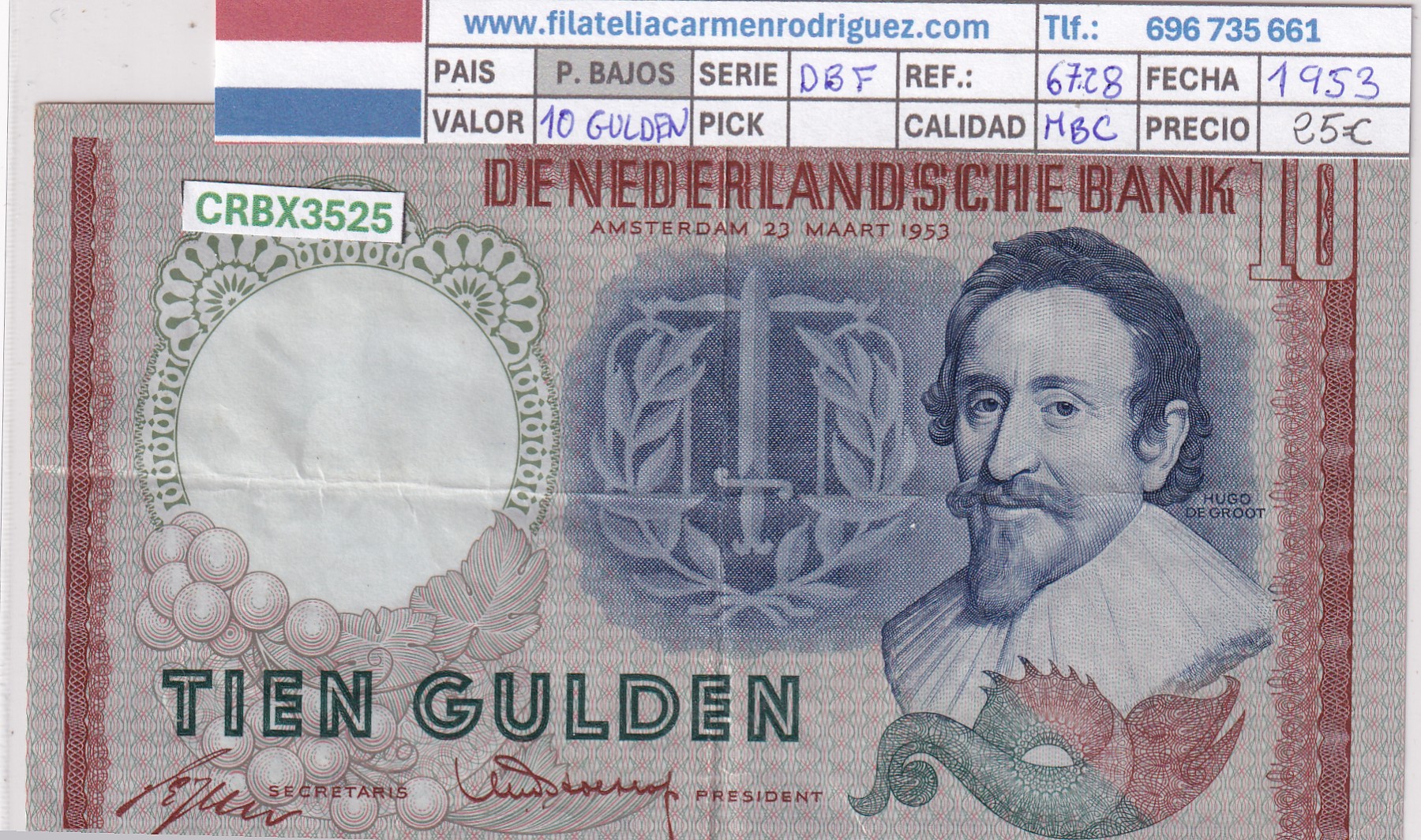CRBX3525 CRBX3525 BILLETE PAISES BAJOS 10 GULDEN 1953 SERIE DBF MBC - Imagen 1