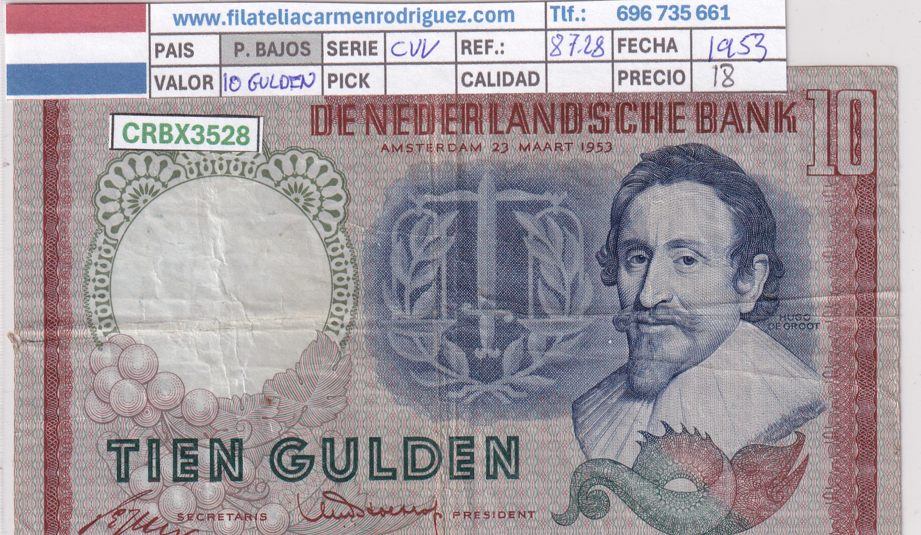 CRBX3528 CRBX3528 BILLETE PAISES BAJOS 10 GULDEN 1953 SERIE CVV BC - Imagen 1