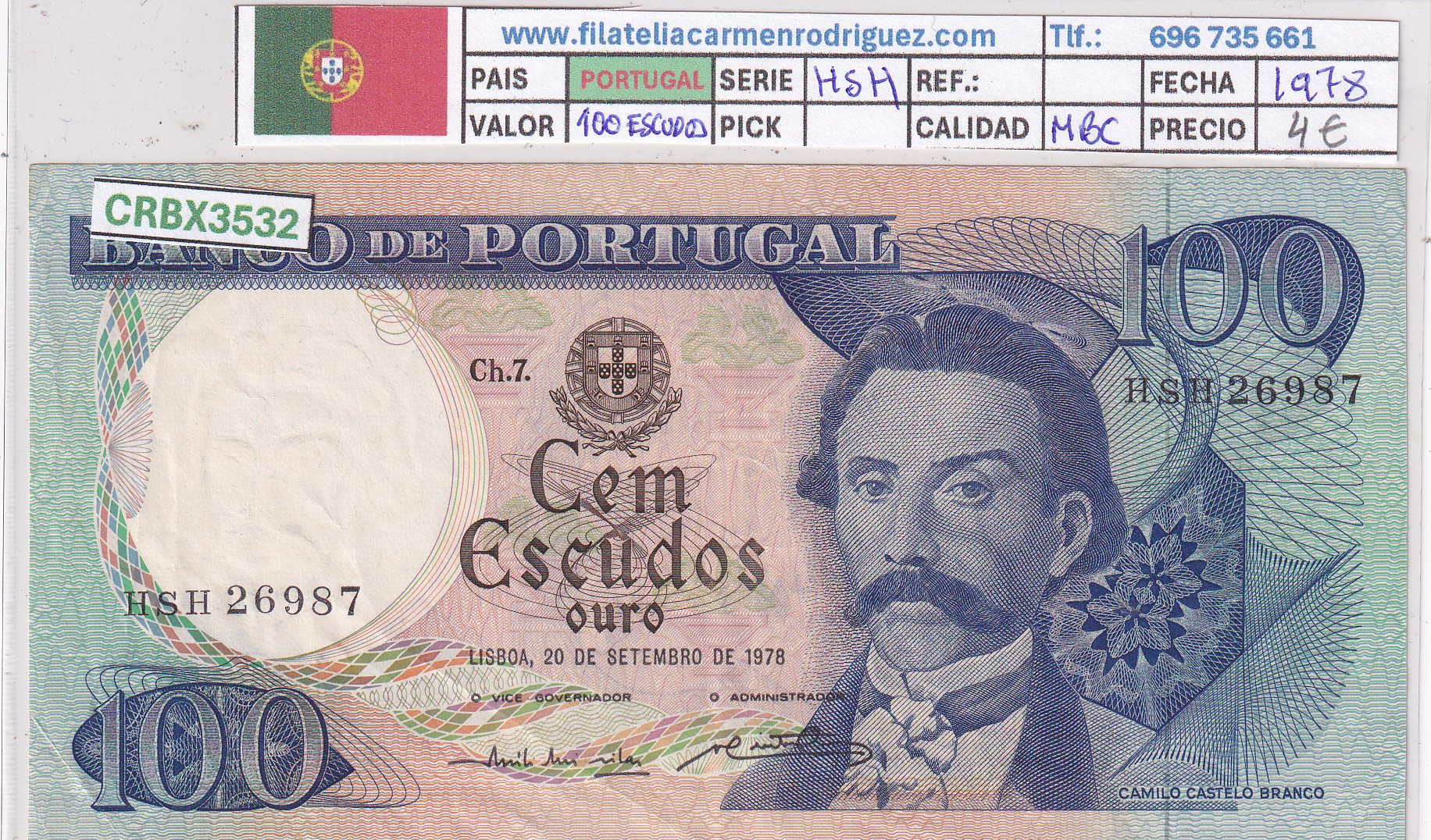 CRBX3532 CRBX3532 BILLETE PORTUGAL 100 ESCUDOS 1978 SERIE HSH MBC - Imagen 1